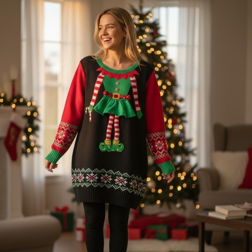 33 Degrees Womens Ugly Christmas Sweater Elf 3D Sequin Ruffle Black Red Green 2X
